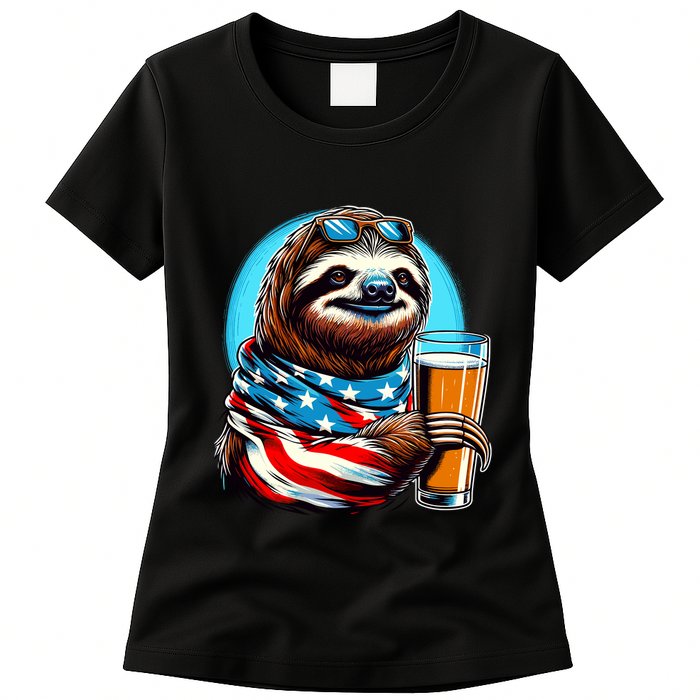 Sloth Holding Beer Usa Flag Womens T-Shirt