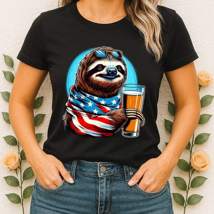 Sloth Holding Beer Usa Flag Womens T-Shirt