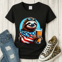 Sloth Holding Beer Usa Flag Womens T-Shirt