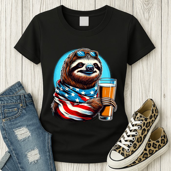 Sloth Holding Beer Usa Flag Womens T-Shirt
