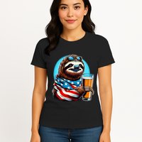 Sloth Holding Beer Usa Flag Womens T-Shirt