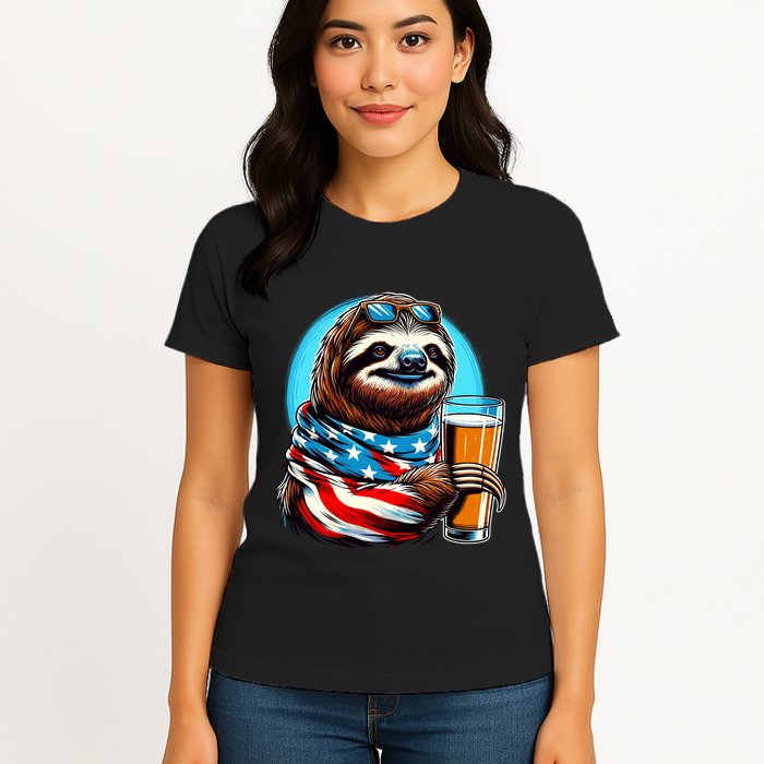 Sloth Holding Beer Usa Flag Womens T-Shirt