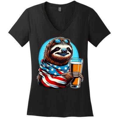 Sloth Holding Beer Usa Flag Women's V-Neck T-Shirt