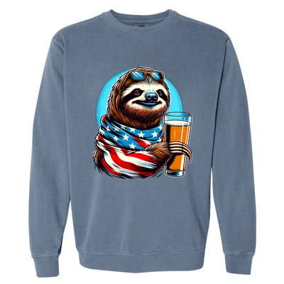 Sloth Holding Beer Usa Flag Garment-Dyed Sweatshirt