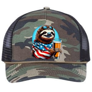 Sloth Holding Beer Usa Flag Retro Rope Trucker Hat Cap