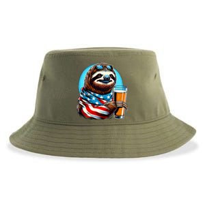 Sloth Holding Beer Usa Flag Sustainable Bucket Hat