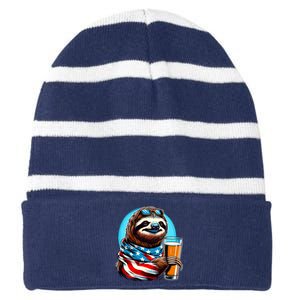 Sloth Holding Beer Usa Flag Striped Beanie with Solid Band