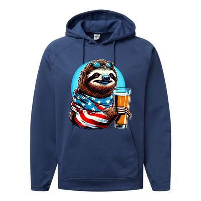 Sloth Holding Beer Usa Flag Performance Fleece Hoodie