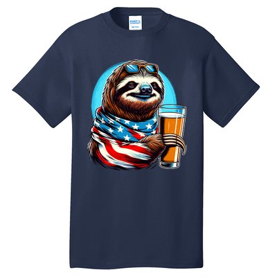 Sloth Holding Beer Usa Flag Tall T-Shirt