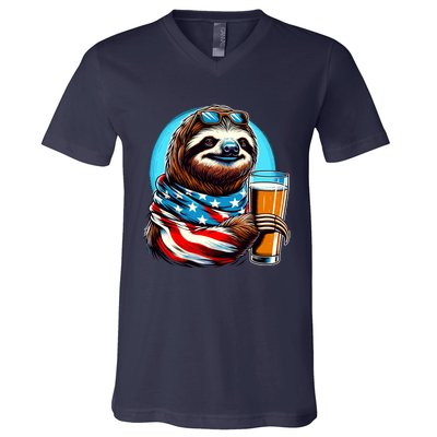 Sloth Holding Beer Usa Flag V-Neck T-Shirt