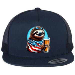 Sloth Holding Beer Usa Flag Flat Bill Trucker Hat