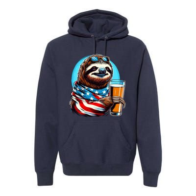 Sloth Holding Beer Usa Flag Premium Hoodie