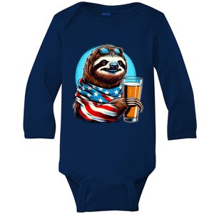 Sloth Holding Beer Usa Flag Baby Long Sleeve Bodysuit