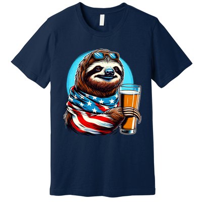 Sloth Holding Beer Usa Flag Premium T-Shirt