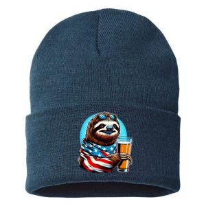 Sloth Holding Beer Usa Flag Sustainable Knit Beanie