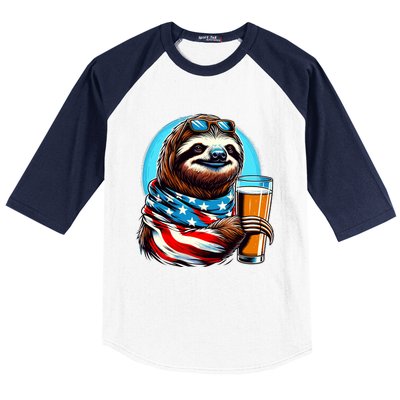 Sloth Holding Beer Usa Flag Baseball Sleeve Shirt