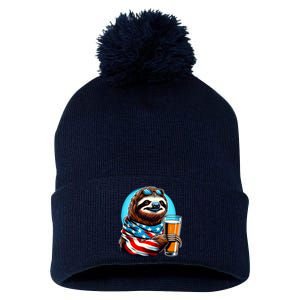 Sloth Holding Beer Usa Flag Pom Pom 12in Knit Beanie