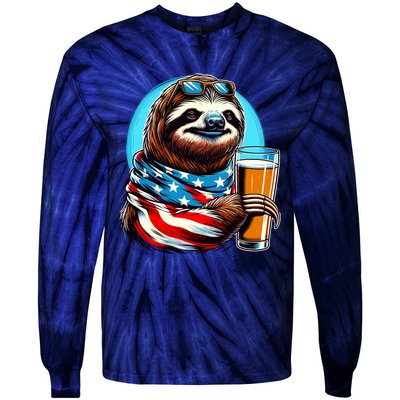 Sloth Holding Beer Usa Flag Tie-Dye Long Sleeve Shirt