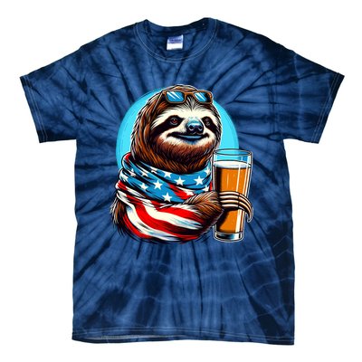 Sloth Holding Beer Usa Flag Tie-Dye T-Shirt