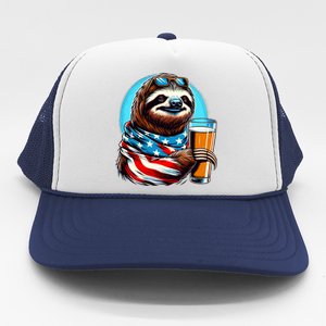 Sloth Holding Beer Usa Flag Trucker Hat