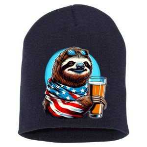 Sloth Holding Beer Usa Flag Short Acrylic Beanie