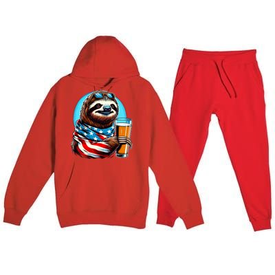 Sloth Holding Beer Usa Flag Premium Hooded Sweatsuit Set