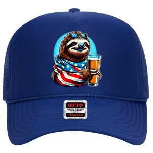 Sloth Holding Beer Usa Flag High Crown Mesh Back Trucker Hat