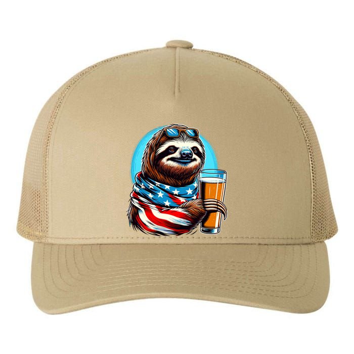 Sloth Holding Beer Usa Flag Yupoong Adult 5-Panel Trucker Hat