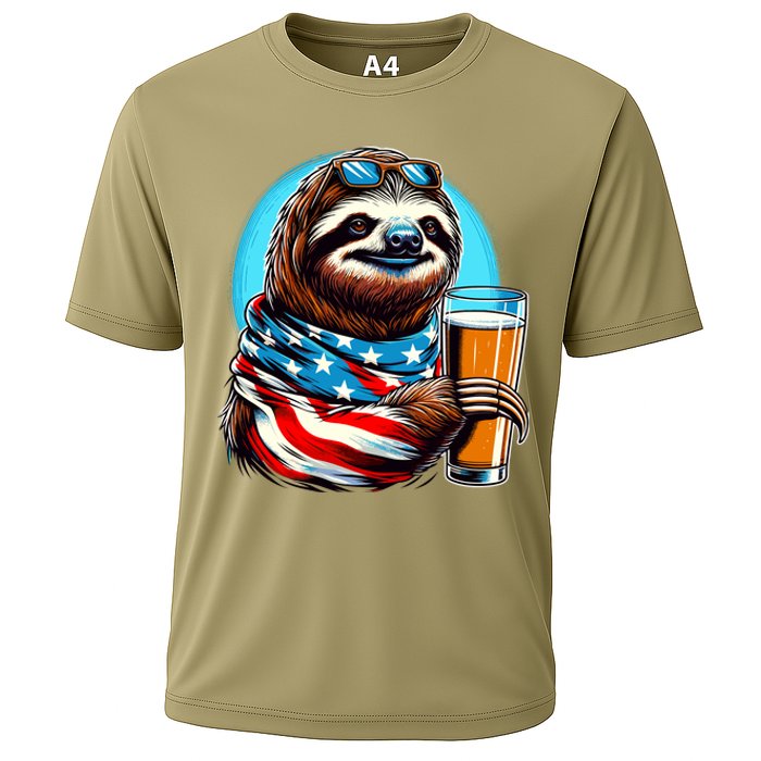 Sloth Holding Beer Usa Flag Cooling Performance Crew T-Shirt