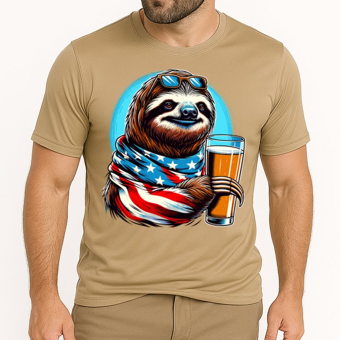 Sloth Holding Beer Usa Flag Cooling Performance Crew T-Shirt