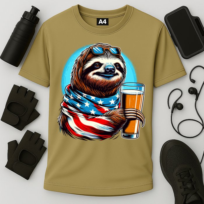 Sloth Holding Beer Usa Flag Cooling Performance Crew T-Shirt