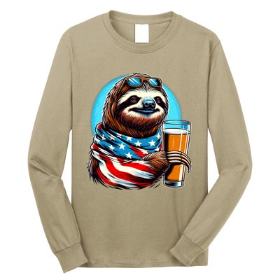 Sloth Holding Beer Usa Flag Long Sleeve Shirt