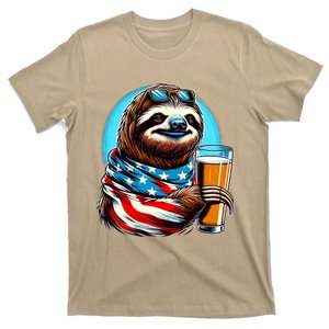 Sloth Holding Beer Usa Flag T-Shirt