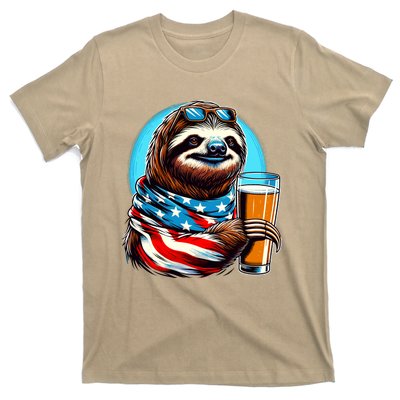 Sloth Holding Beer Usa Flag T-Shirt