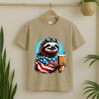Sloth Holding Beer Usa Flag T-Shirt