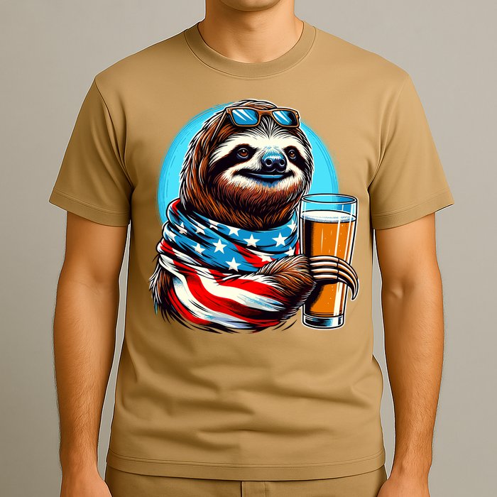 Sloth Holding Beer Usa Flag T-Shirt