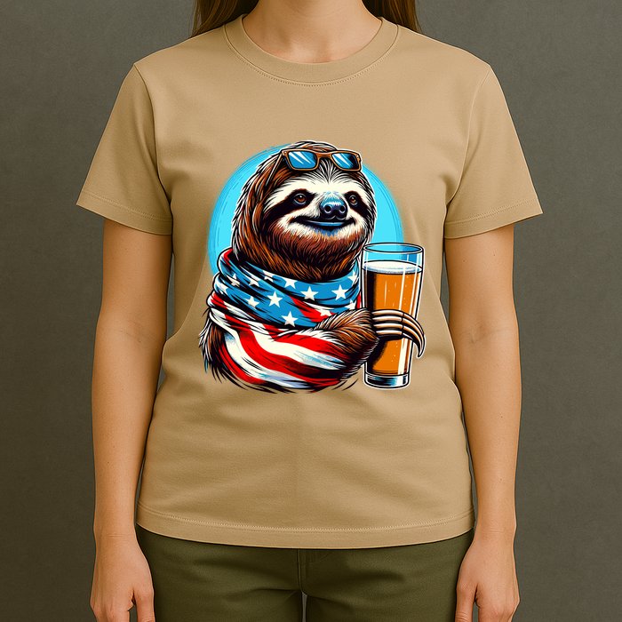 Sloth Holding Beer Usa Flag T-Shirt