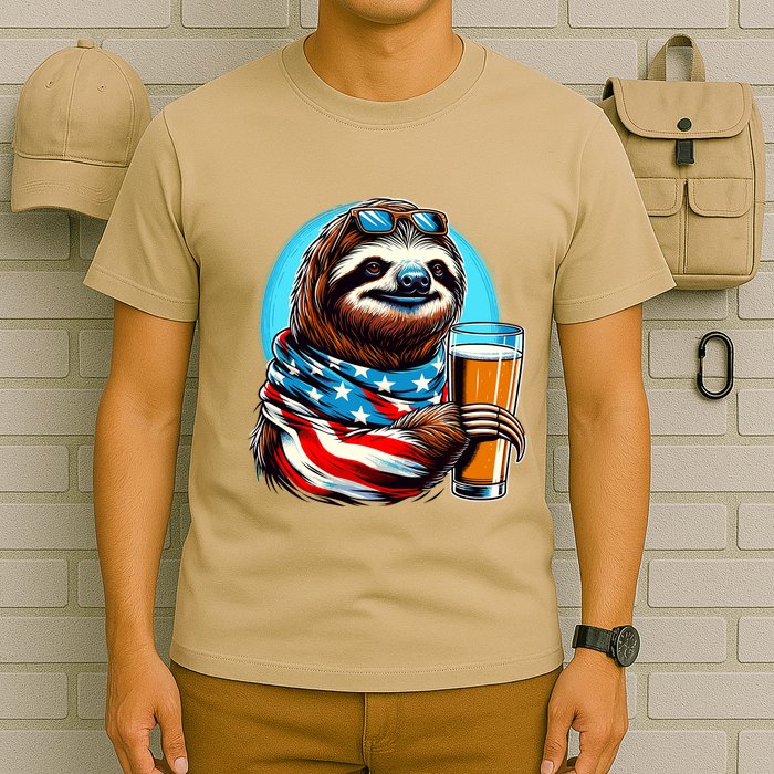 Sloth Holding Beer Usa Flag T-Shirt