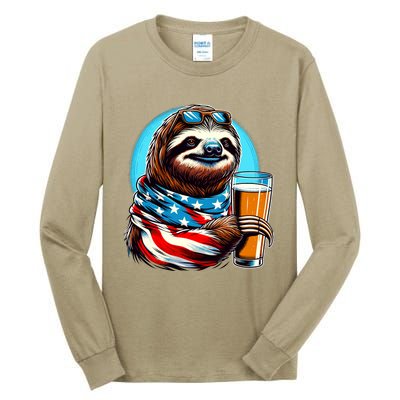 Sloth Holding Beer Usa Flag Tall Long Sleeve T-Shirt