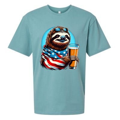 Sloth Holding Beer Usa Flag Sueded Cloud Jersey T-Shirt