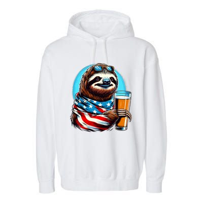 Sloth Holding Beer Usa Flag Garment-Dyed Fleece Hoodie