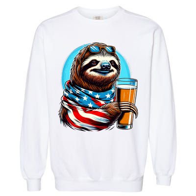 Sloth Holding Beer Usa Flag Garment-Dyed Sweatshirt