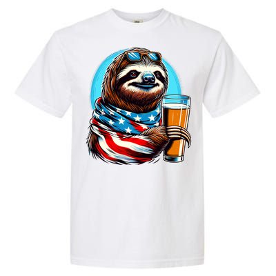 Sloth Holding Beer Usa Flag Garment-Dyed Heavyweight T-Shirt