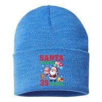 Santa Holding Birthday Cake And Balloons Approved 35 Years Old Great Gift Sustainable Knit Beanie