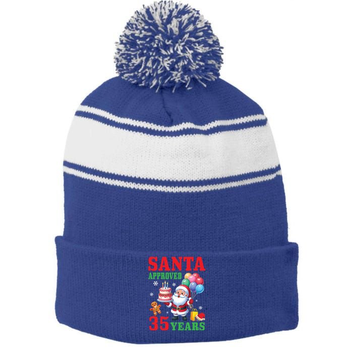 Santa Holding Birthday Cake And Balloons Approved 35 Years Old Great Gift Stripe Pom Pom Beanie