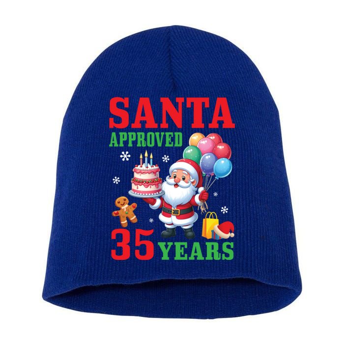 Santa Holding Birthday Cake And Balloons Approved 35 Years Old Great Gift Short Acrylic Beanie