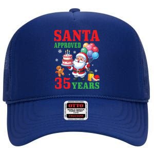 Santa Holding Birthday Cake And Balloons Approved 35 Years Old Great Gift High Crown Mesh Back Trucker Hat