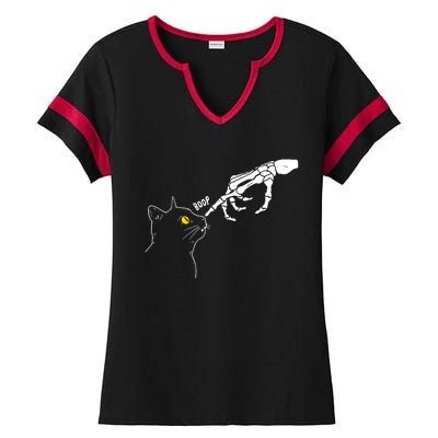 Skeleton Hand Boop Funny Halloween Black Cat Lover Ladies Halftime Notch Neck Tee