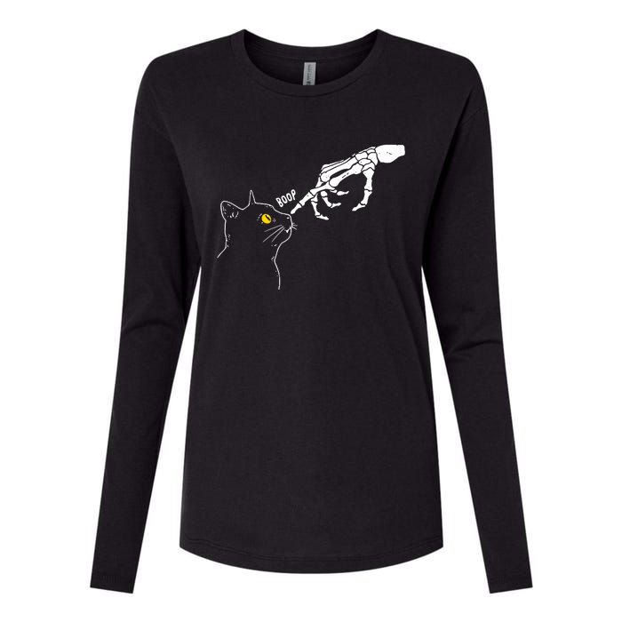 Skeleton Hand Boop Funny Halloween Black Cat Lover Womens Cotton Relaxed Long Sleeve T-Shirt