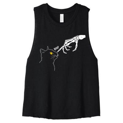 Skeleton Hand Boop Funny Halloween Black Cat Lover Women's Racerback Cropped Tank